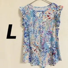 フリル付き 花柄 【L】ノースリーブトップス 個性的 おしゃれ かわいい ブルー
