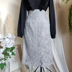 プロポ 配色ケミカル タイトスカート ハイウエスト 総レース スリット 花柄 S