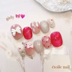 ネイルチップ 現品 ニュアンス 淡色 ガーリー リボン マグネット ハート 推し