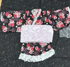 黒地　バラ　花柄 浴衣ドレス 100cm 女の子　可愛い　キレイめ