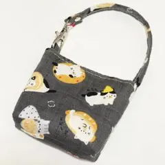 猫　おでん柄　ミニミニバッグ　ポーチ　黒　ハンドメイド