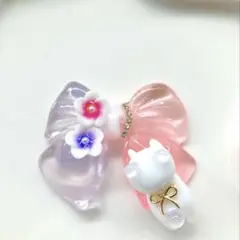 再販△】レジン ヘアゴム ピンク◡̈♥︎ 猫ちゃん ドットハート付き