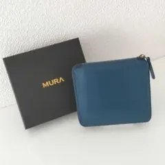 MURA 二つ折り財布 ファスナー 本革 ネイビー 薄型 コンパクト 小銭入れ
