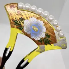 062401 結婚式　樹脂　鼈甲風　白甲調　牡丹文様　パール　バチ　かんざし
