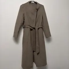 PLSTブラウン　グレー ロング　 ウールリバーコート　ベルト付き　ノーカラー