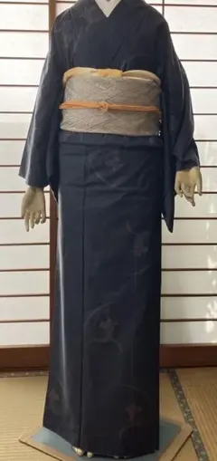 着物　大島紬 5点セット モダン柄 正絹 濃紺 長襦袢 帯 帯揚 帯締め