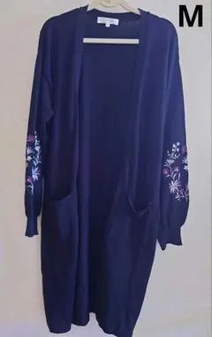 grove　ロングカーディガン　刺繍　花　バルーンスリーブ　M　ブラック