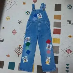 ミッキー パッチ付きデニムオーバーオール リメイク ヴィンテージ