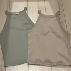 リブ編みハイネックタンクトップ 2色セット、アメリカンスリーブ