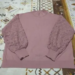 earth music＆ecology レーススリーブ ハイネックニット ピンク