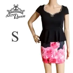 ローズ柄 デコルテビジュー ペプラム ミニドレス キャバドレス