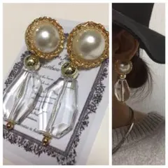 858 2way☺︎チェーン風ゴールドと大ぶりパールのピアス×クリアゴールド☺︎