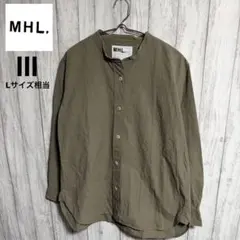 【コットンリネン】MHL. ノーカラー バンドカラーシャツ カーキ Ⅲ L相当