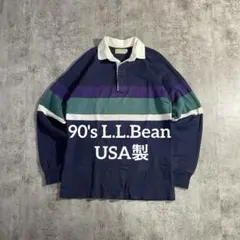 90s USA製 L.L.Bean ラガーシャツボーダー 長袖 ポロシャツOLD