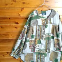 シャツ　ブラウス　長袖　ノーカラー　柄シャツ　総柄　エスニック　幾何学模様　Ⅼ