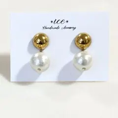 1291◆ゴールドカボション　コットンパール　ハンドメイド　ピアス　イヤリング