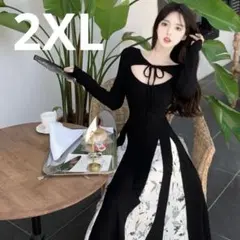 大きいサイズ 2XL モノトーン 花柄 チュール 長袖 秋　ロング　ワンピース