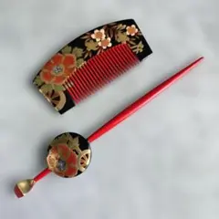 簪　櫛　平打ち　かんざし　黒漆　桜　牡丹　髪飾り　和装小物　K4　アンティーク