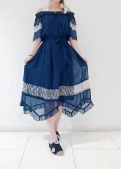 アクシーズ　半袖ロングワン　シフォン　Ｍ　ネイビー　一部汚れ有　付属リボンなし