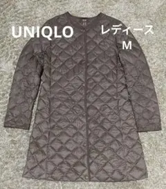 ユニクロ 2WAYノーカラーダウンコートダークレディースＭベージュ(収納袋付）系