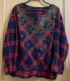 【アズノウアズ】　チェック　刺繍ブラウス　レッド　サイズフリー