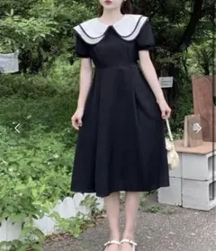 パイピング襟フレアワンピース 黒