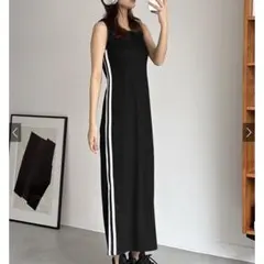 配色サイドライン　バックリボン　ストライプ ブラック タイトワンピース
