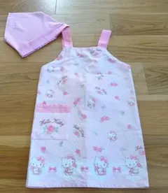 【サンリオ】ハローキティ　花柄エプロン　120サイズ　三角巾　ピンクのサムネイル