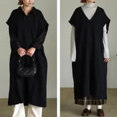 prit　レイヤードVネック ワンピース　ブラック　重ね着　裏起毛