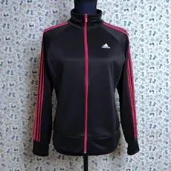 adidas☆ロゴ刺繍　三本線　トラックジャケット　ジャージ　黒　ピンク　Ｍ
