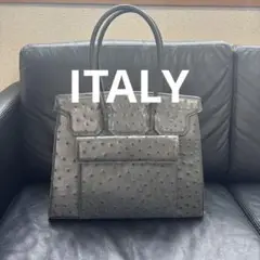 高級　オーストリッチ　ハンドバッグ　ゴールド金具　グレー　ITALY イタリア製