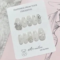 現品ネイルチップ୨୧オールホワイト⟡冬ガーリーリボン୨୧♡量産型ワンホン⟡韓国