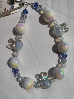 兎とハート形のスマホストラップ　水色（C１）