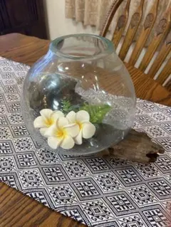 バリ島 ガラス×流木 ベース 花瓶 プルメリア付き インテリアオブジェ