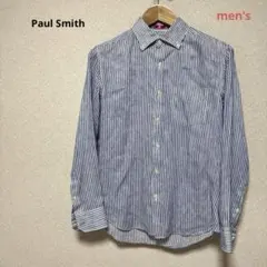 【美品】ピーエスポールスミス・コットンリネン　長袖シャツ　ストライプ　ブルー　L