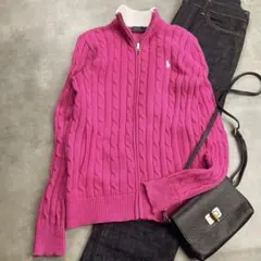 美品　ラルフローレン ケーブルニット ジップアップ ニット 白ポニー　マゼンダ
