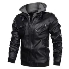 ジッパーアップ フード付き　PUレザー ジャケット　サイズXL