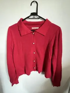 赤 リブ編み 長袖カーディガン