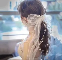 ウェディング ヘッドドレス　結婚式　ヘアアクセサリー　ブライダル　リボンxのサムネイル