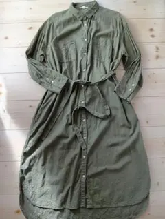 スタディオクリップ　カーキ色のリネン素材シャツワンピースLサイズ