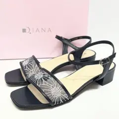 【美品】DIANA 刺繍チュール ストラップサンダル ネイビー 24.5cm
