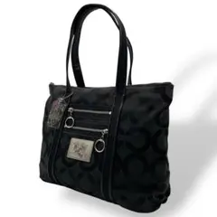 良品 COACH トートバッグ キャンバス ブラック ポピー 肩掛け 13826