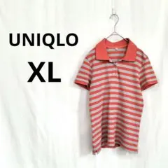 ユニクロ▶半袖ポロシャツ XL オレンジ グレー ボーダー 春夏
