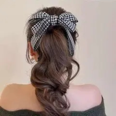 千鳥柄 大きめ リボン バナナクリップ ヘアアクセ 人気柄 秋冬 まとめ髪