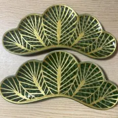新品　有田焼　幸楽窯　錦茶緑金松葉形前菜皿　2枚セット