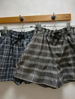 キッズ　キュロット　グレー系　ブラウン系　チェック リボン付きショートパンツ