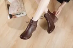 ショートブーツ レディース レースアップブーツ 本革 ブーツ 太ヒール 痛くない