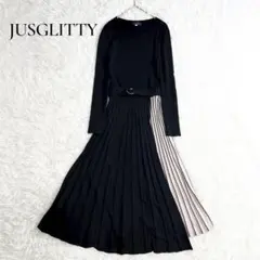 ジャスグリッティー 配色プリーツニットワンピース ひざ丈 ベルト付き 長袖