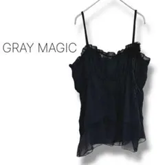 【グレイマジック】キャミソール　フリル　透け感　コーサジュ　ブラック　韓国製