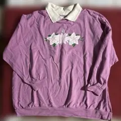 Haband 襟付き花柄ピンク トレーナー 薄手　ヴィンテージスウェット